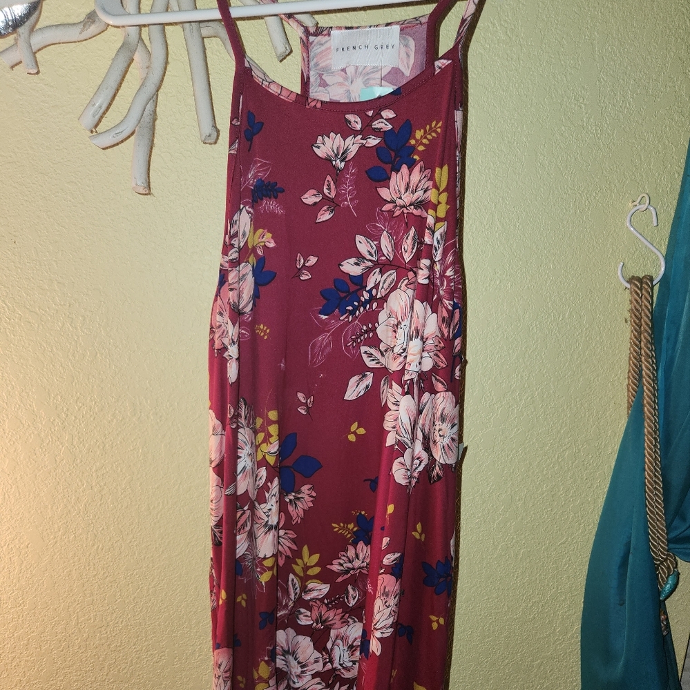 French Grey Floral Midi Dress - Burgundy and Blue